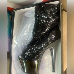 PLEASER 7” SEQUIN OPEN TOE ANKLE BOOT BLACK